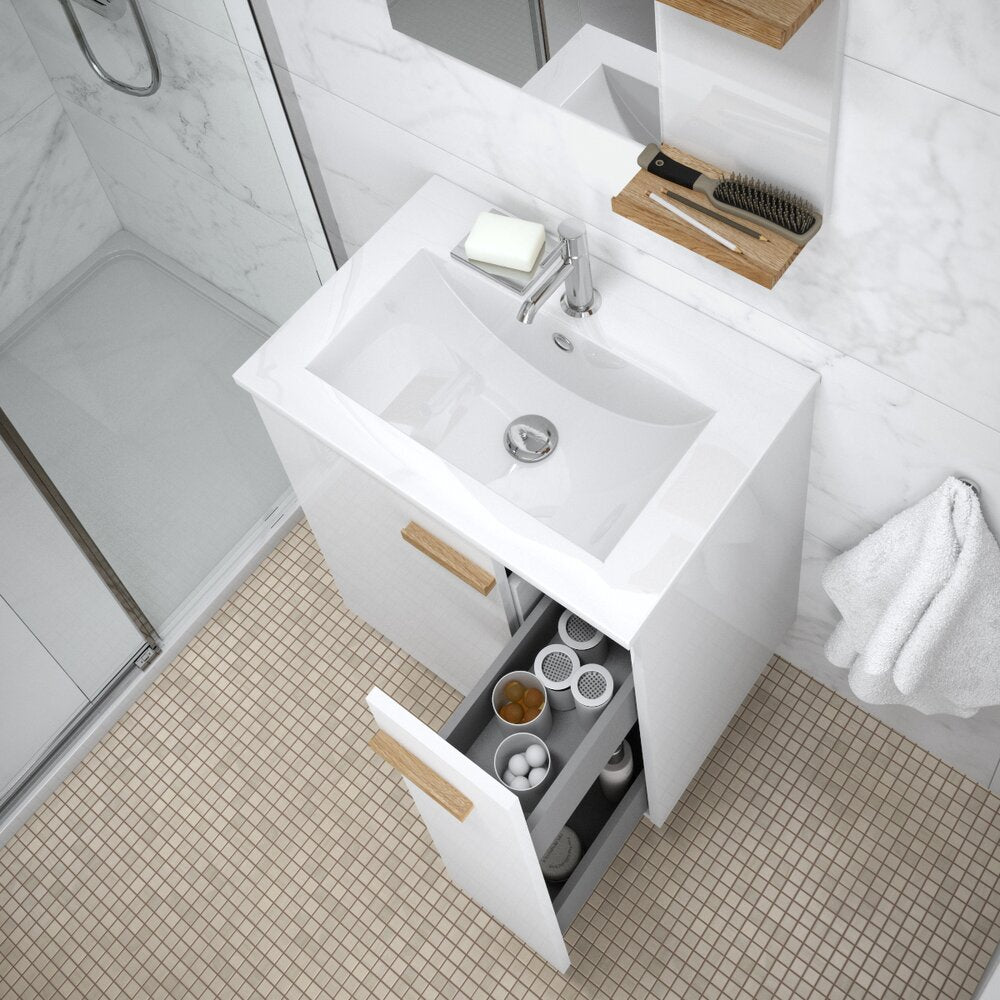 Комплект бял окачен шкаф Krofam e-L_WOOD 59 см, умивалник вграден Krofam e-L_WOOD 60 см и огледало