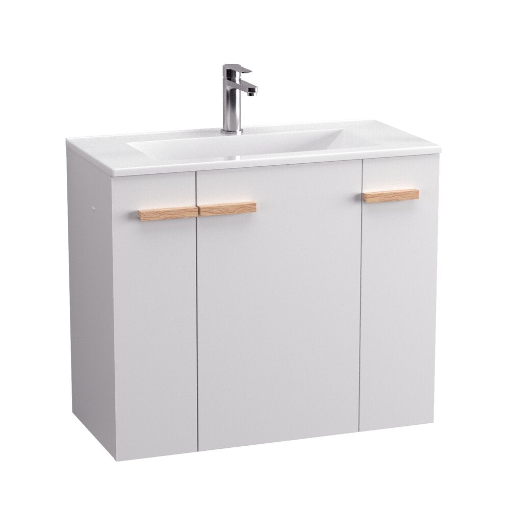 Комплект бял стенен шкаф Krofam e-L_WOOD 79 см, вграден умивалник Krofam e-L_WOOD 80 см и огледало.