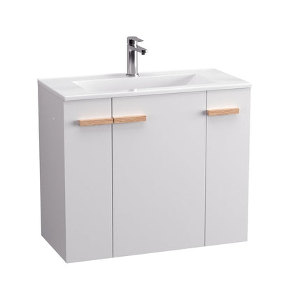 Комплект бял стенен шкаф Krofam e-L_WOOD 79 см, вграден умивалник Krofam e-L_WOOD 80 см и огледало.