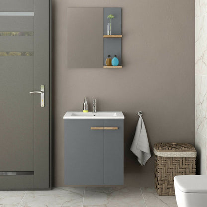 Черно стенен шкаф Krofam e-L_WOOD 59 см, вграден умивалник Krofam e-L_WOOD 60 см и огледало