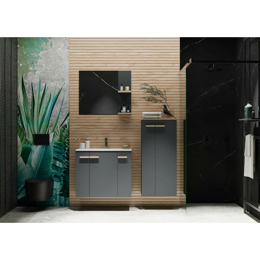 Черно стенен шкаф Krofam e-L_WOOD 59 см, вграден умивалник Krofam e-L_WOOD 60 см и огледало