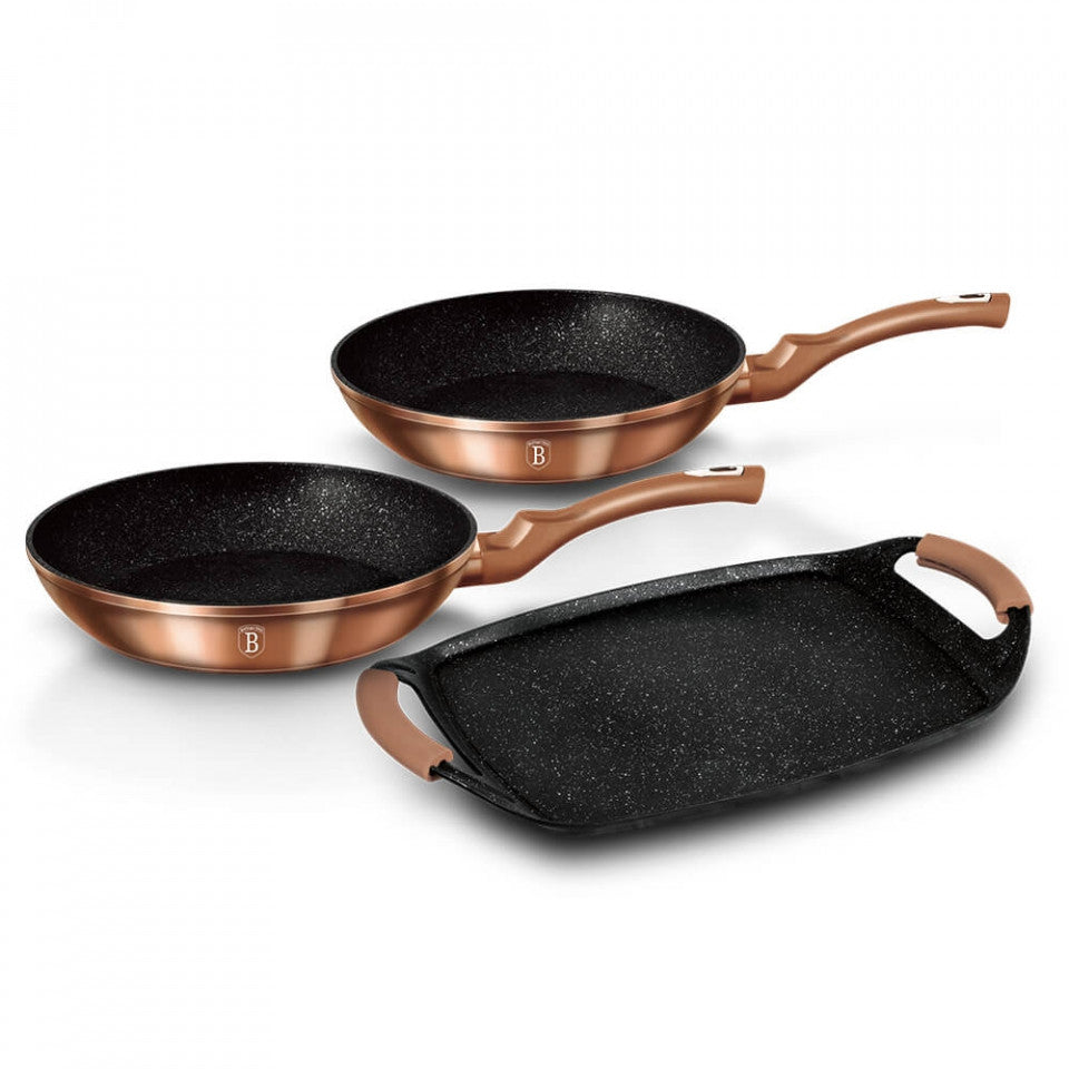 Комплект грил плоча и 2 тигана с мраморно покритие (3 слоя) Rose Gold (Мед) Metalic Line Berlinger Haus BH 1669