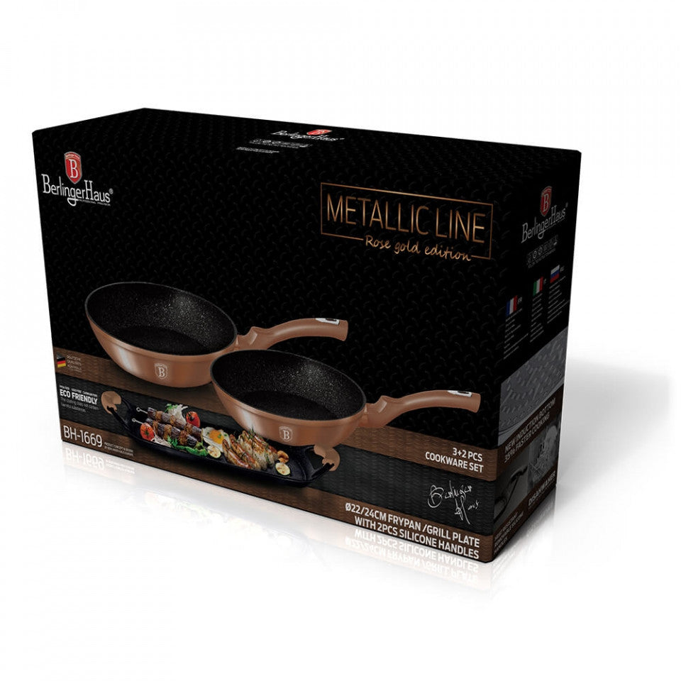 Комплект грил плоча и 2 тигана с мраморно покритие (3 слоя) Rose Gold (Мед) Metalic Line Berlinger Haus BH 1669
