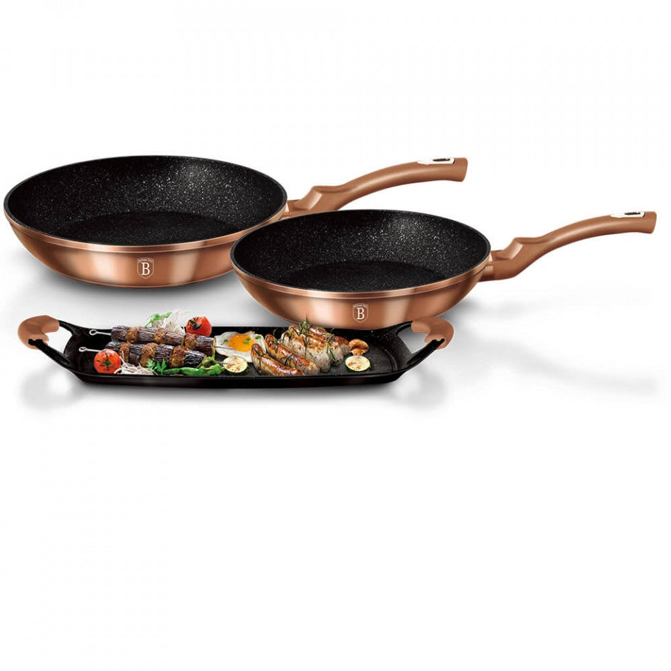 Комплект грил плоча и 2 тигана с мраморно покритие (3 слоя) Rose Gold (Мед) Metalic Line Berlinger Haus BH 1669