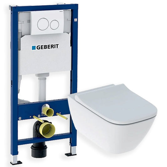 Geberit Smyle Square Wall-Hung Toilet Set + Slim Softclose Seat + Concealed Tank with Fixing System + White Geberit Duofix Delta Flush Plate
