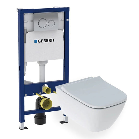 Geberit Smyle Square Wall-Hung Toilet Set + Slim Softclose Seat + Concealed Cistern with Fixing System + Geberit Duofix Delta Chrome Flush Plate
