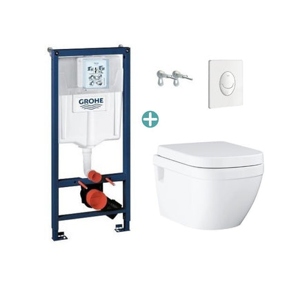 Комплект резервоар Grohe Rapid SL с бяла клавиша Skate Air и тоалетна чиния Grohe Euro Ceramic Rimless с видим монтаж и капак soft close