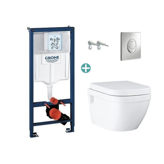 Grohe Rapid SL Concealed Cistern Set with Skate Air Chrome Button and Grohe Euro Ceramic Rimless Toilet with Soft Close Seat