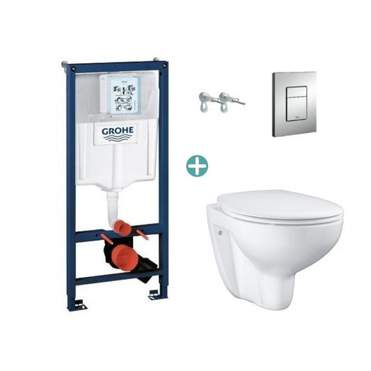 Grohe Rapid SL Concealed Cistern Set with Skate Cosmopolitan Button and Grohe Bau Ceramic Rimless Toilet with Soft Close Seat