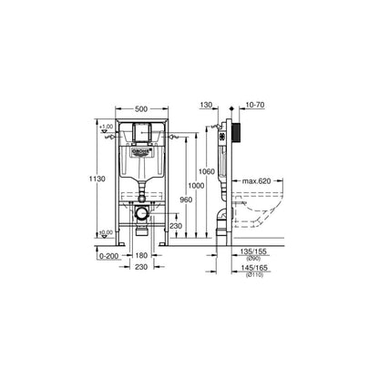 Комплект резервоар Grohe Rapid SL с клавиша Skate Cosmopolitan и тоалетна чиния Grohe Euro Ceramic Triple Vortex с капак soft close