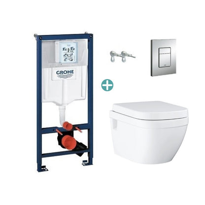 Grohe Rapid SL Concealed Cistern Set with Skate Cosmopolitan Button and Grohe Euro Ceramic Rimless Toilet with Soft Close Seat