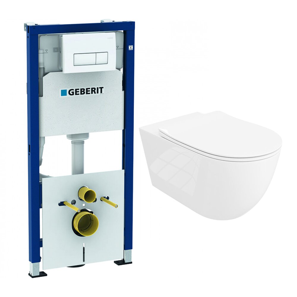 Вграден резервоар Geberit Duofix с комплект за монтаж, бяла клавиша Delta51 и тоалетна чиния Rune Ivaldi Grande бяла с капак slim softclose