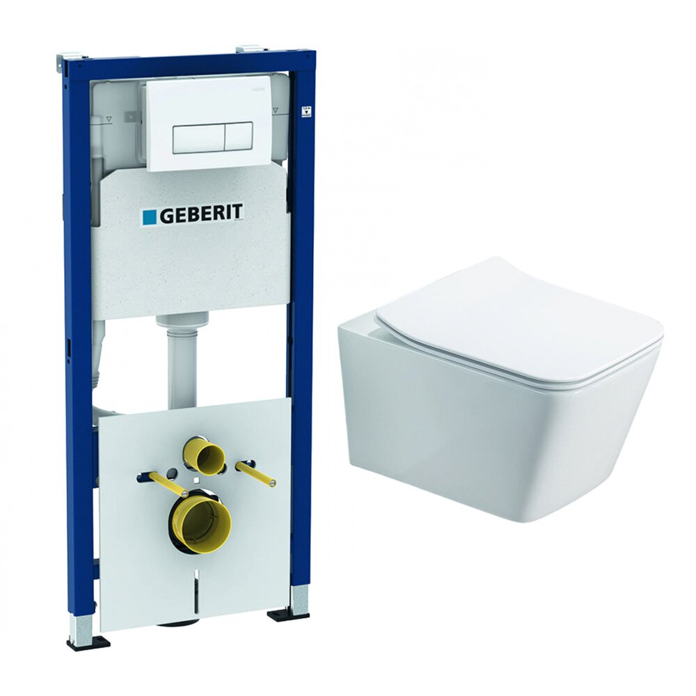Вградена резервоарна система Geberit Duofix с комплект за монтаж, бяла клавиша Delta51 и тоалетна чиния Rune Jord бяла с капак slim softclose