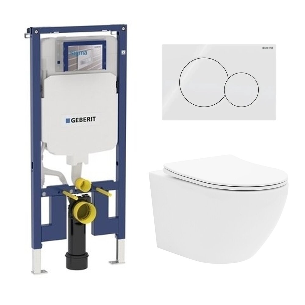 Комплект вграден резервоар Geberit Duofix Sigma с комплект за монтаж, бяла клавиша Sigma01 и тоалетна чиния Rune Ivaldi бяла с капак slim softclose