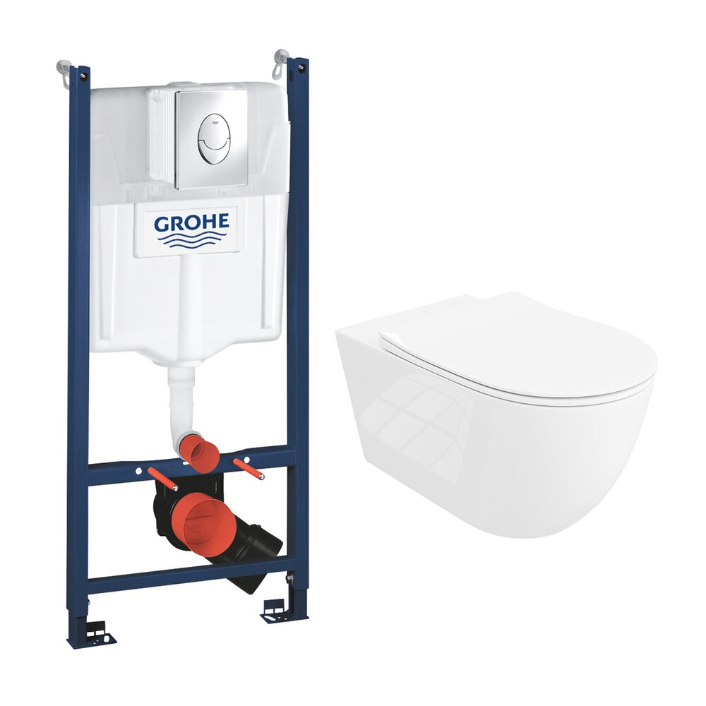 Комплект вградена тоалетна чиния Grohe Rapid SL с хромирана клавиша Skate Air и тоалетна чиния Rune Ivaldi Grande бяла с капак slim softclose