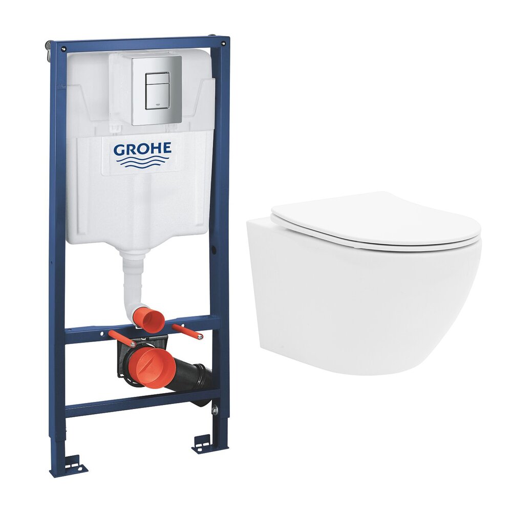 Комплект вграден резервоар Grohe Rapid SL с хромирана клавиша Skate Cosmopolitan и тоалетна чиния Rune Ivaldi бяла с капак softclose