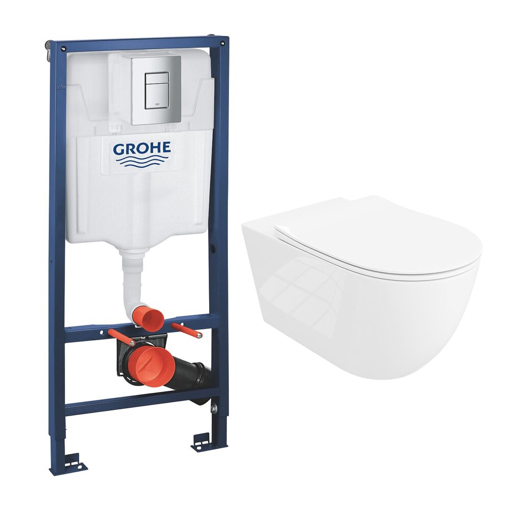 Комплект вграден резервоар Grohe Rapid SL с хромирана клавиша Skate Cosmopolitan и тоалетна чиния Rune Ivaldi Grande бяла с капак softclose