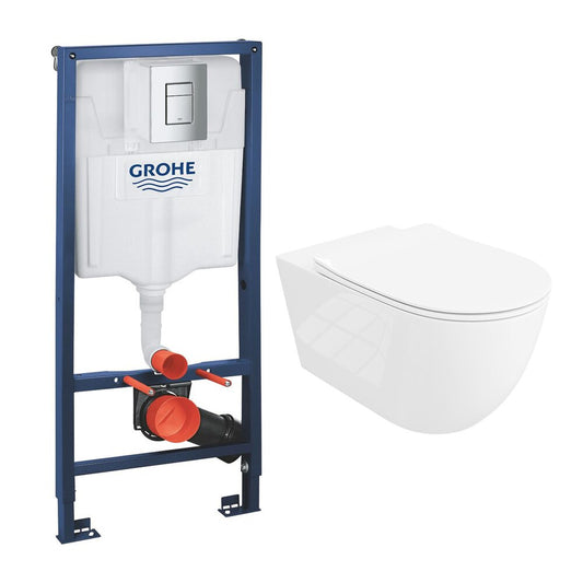 Комплект вграден резервоар Grohe Rapid SL с хромирана клавиша Skate Cosmopolitan и тоалетна чиния Rune Ivaldi Grande бяла с капак softclose