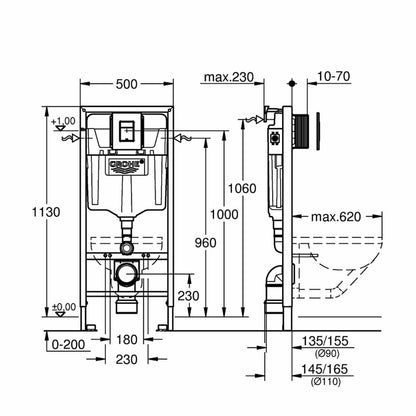 Комплект вграден резервоар Grohe Solido 3 в 1 с черен бутон Even и тоалетна чиния Rune Ivaldi Grande с капак softclose