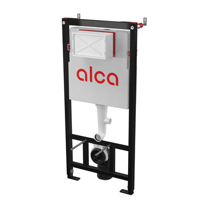 Комплект WC резервоар с вградено шаси Alca AM101/1120 и черна клавиша M678, плюс тоалетна Rea Carlo с черен капак и биде с шаси.
