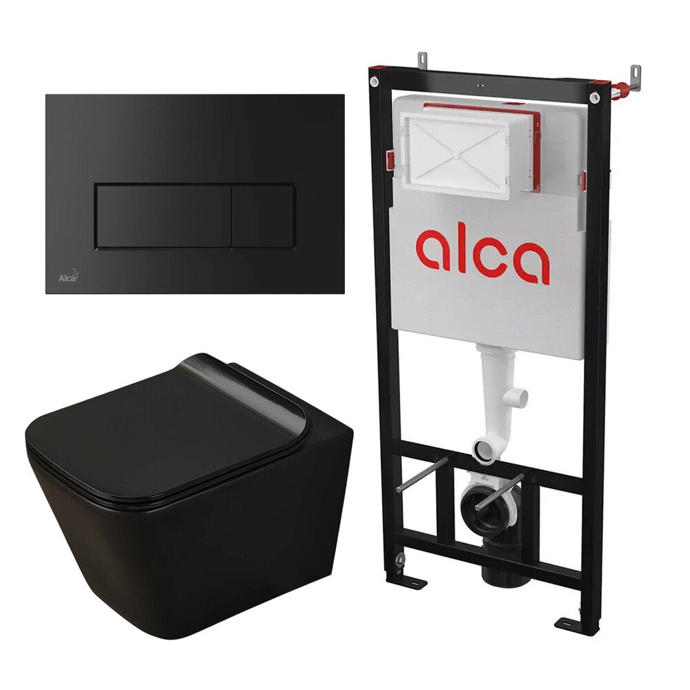 Комплект за вграждане на тоалетна Alca AM101/1120 с бутон M578 черен мат и тоалетна чиния Rune Jord с капак softclose