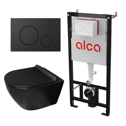 Комплект за вграждане за тоалетна с вграден резервоар Alca AM101/1120 и бутон M678 черен мат плюс тоалетна чиния Rune Ivaldi Grande с капак softclose