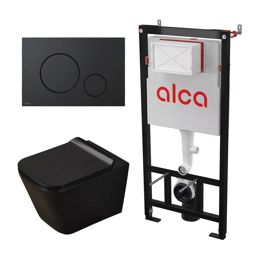 Комплект за вграждане на тоалетна Alca AM101/1120 с бутон M678 черен мат и тоалетна чиния Rune Jord с капак softclose