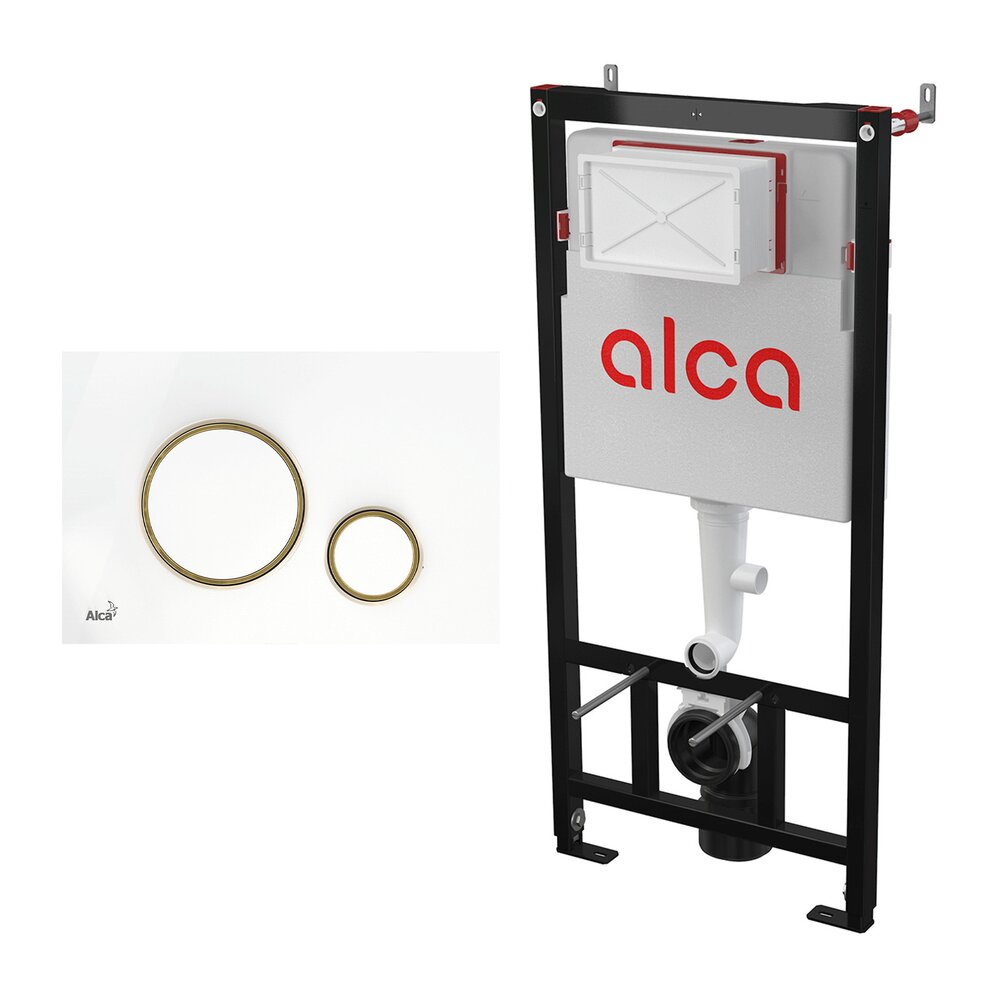Комплект за вграждане на тоалетна Alca AM101/1120 с бутон Thin M775 бяло - златно и тоалетна чиния Rune Ivaldi Grande бяла с капак softclose