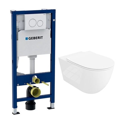 Комплект за вграждане на тоалетна Geberit Duofix с комплект за монтаж и бяла бутонна плоча Delta20 плюс тоалетна чиния Rune Ivaldi Grande бяла с капак slim softclose