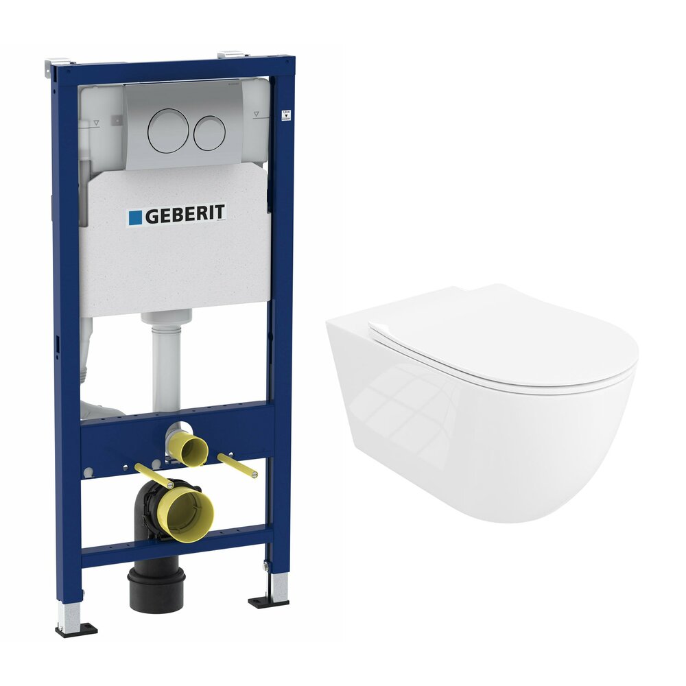 Комплект за WC резервоар с вградена рамка Geberit Duofix с комплект за монтаж и хромирана бутон Delta20 плюс тоалетна чиния Rune Ivaldi Grande бяла с капак slim softclose