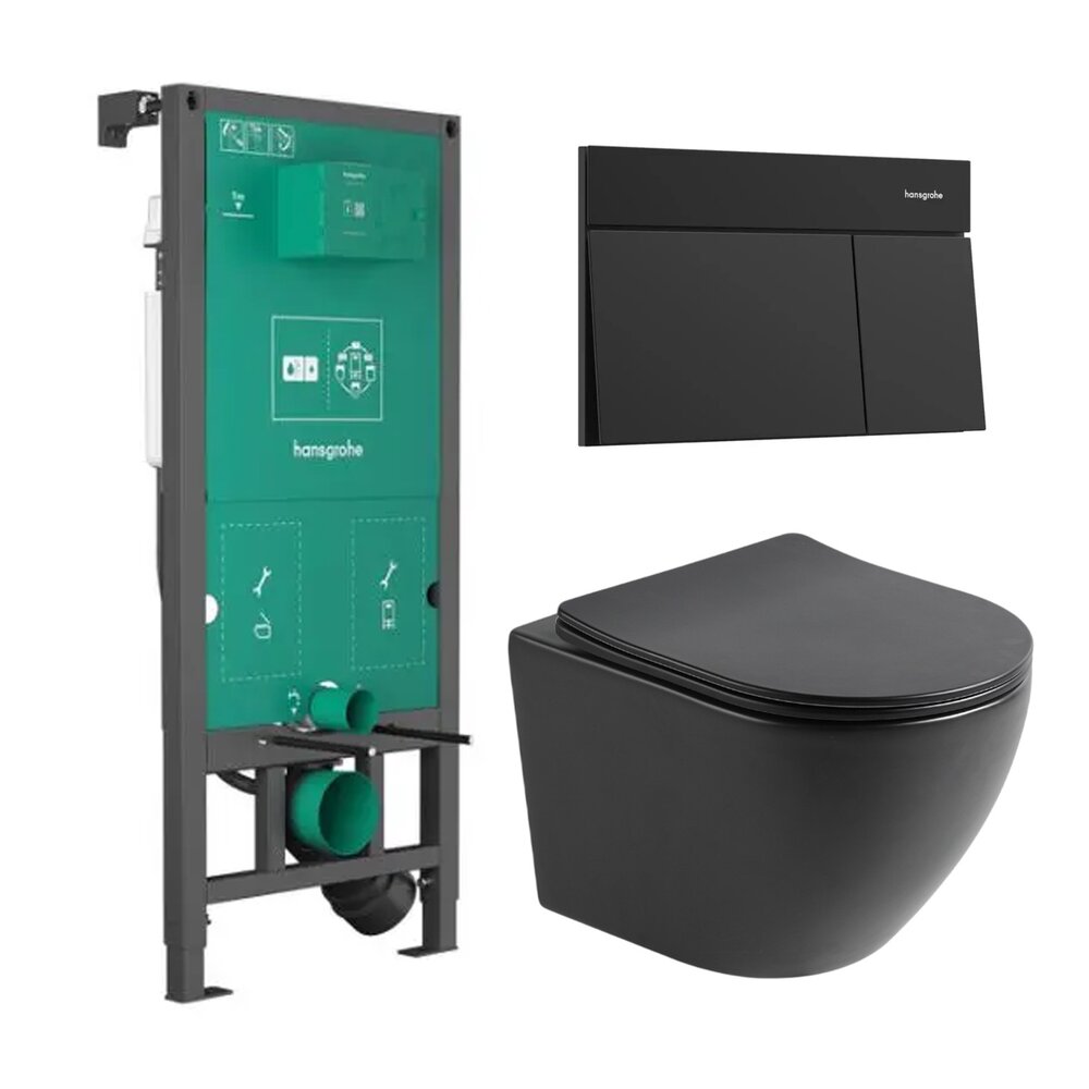 Комплект за WC с вградена рамка Hansgrohe iFrame 112 cm и бутон за управление Element E черен мат плюс тоалетна чиния Rune Ivaldi с капак softclose