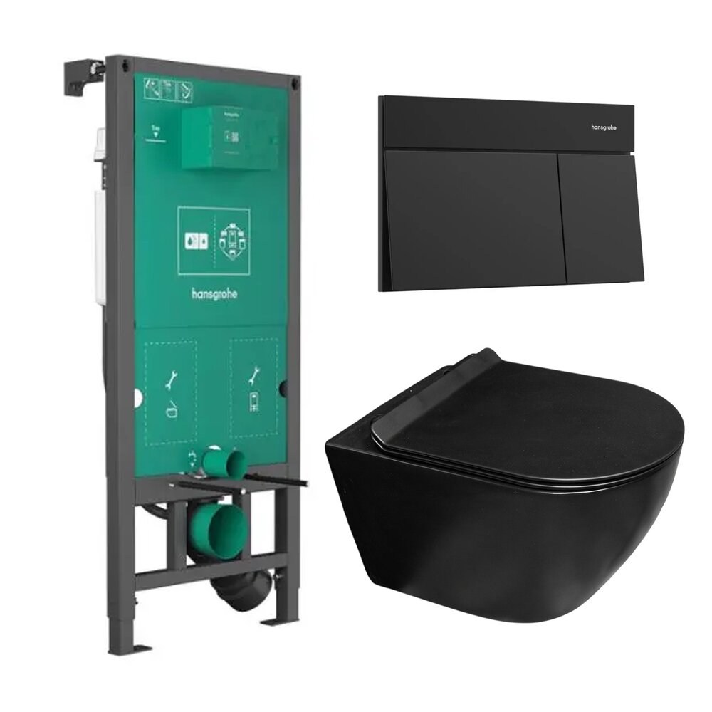 Комплект за WC с вграден резервоар Hansgrohe iFrame 112 cm и бутон за управление Element E черен мат плюс тоалетна Rune Ivaldi Grande с капак softclose