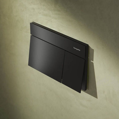 Комплект за вграждане на тоалетна Hansgrohe iFrame 112 cm с черна матова бутонна плоча Element E и тоалетна чиния Rune Jord с капак softclose