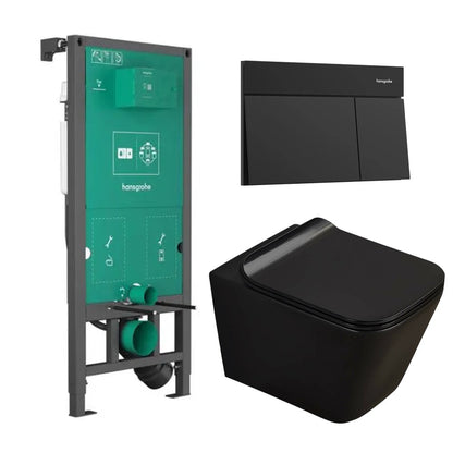 Комплект за вграждане на тоалетна Hansgrohe iFrame 112 cm с черна матова бутонна плоча Element E и тоалетна чиния Rune Jord с капак softclose