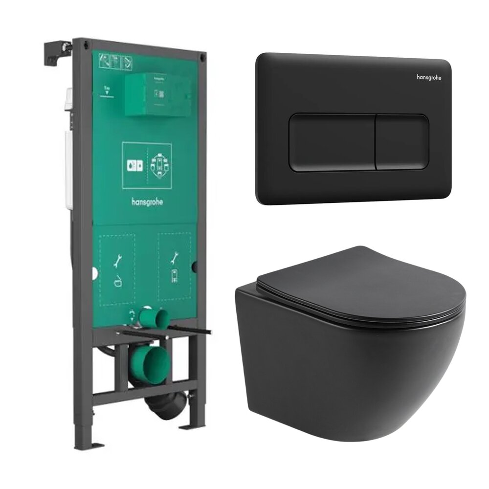 Комплект за тоалетна с вградена рамка Hansgrohe iFrame 112 cm и бутон за управление iFrame Original Q матово черен плюс тоалетна чиния Rune Ivaldi с капак softclose
