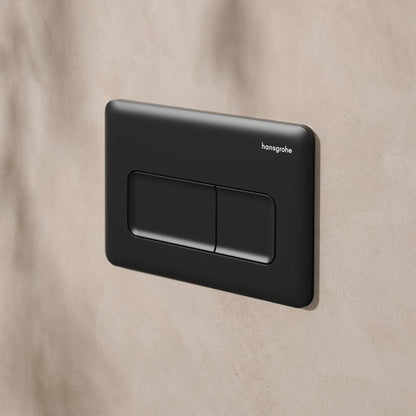 Комплект за тоалетна с вграден резервоар Hansgrohe iFrame 112 cm и бутон за управление iFrame Original Q матово черен плюс тоалетна чиния Rune Ivaldi Grande с капак softclose
