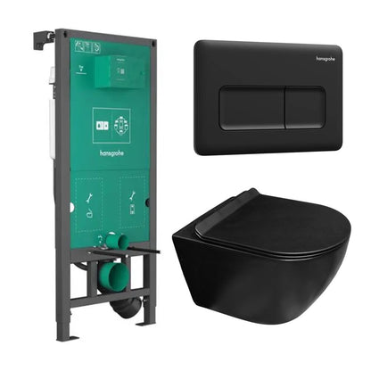 Комплект за тоалетна с вграден резервоар Hansgrohe iFrame 112 cm и бутон за управление iFrame Original Q матово черен плюс тоалетна чиния Rune Ivaldi Grande с капак softclose