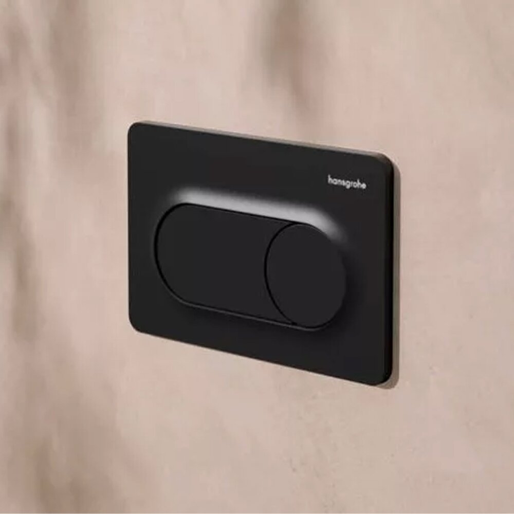 Комплект за вграждане на тоалетна Hansgrohe iFrame 112 cm и бутон за управление iFrame Original S матово черен плюс тоалетна Rune Ivaldi с капак softclose