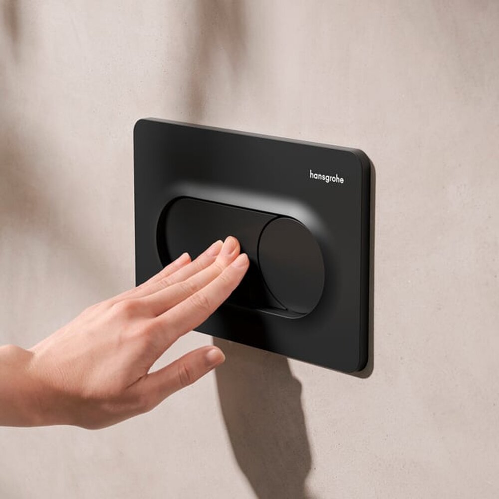 Комплект за вграждане на тоалетна Hansgrohe iFrame 112 cm и бутон за управление iFrame Original S матово черен плюс тоалетна Rune Ivaldi с капак softclose
