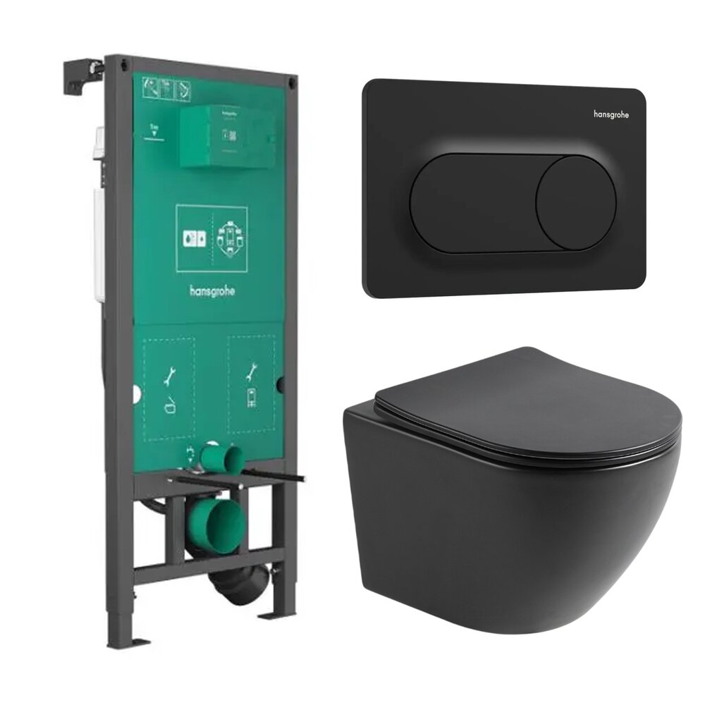 Комплект за вграждане на тоалетна Hansgrohe iFrame 112 cm и бутон за управление iFrame Original S матово черен плюс тоалетна Rune Ivaldi с капак softclose