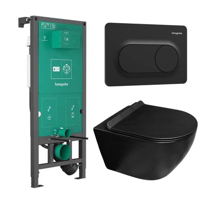 Комплект за вграждане на тоалетна Hansgrohe iFrame 112 cm с черна матова бутонна плоча и тоалетна чиния Rune Ivaldi Grande с капак softclose