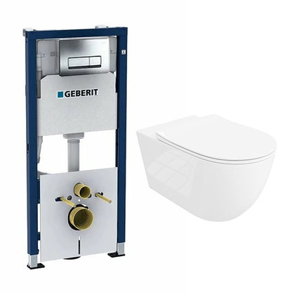 Комплект вграден резервоар за тоалетна с монтажен комплект Geberit Duofix Up100 и бутон Delta хром плюс тоалетна чиния Rune Ivaldi Grande бяла с капак slim softclose