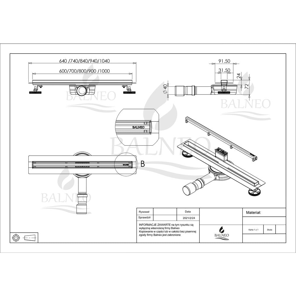 Сет ригола за душ с капак Balneo Slim & Low ProLine покритие Gun Metal 60 cm