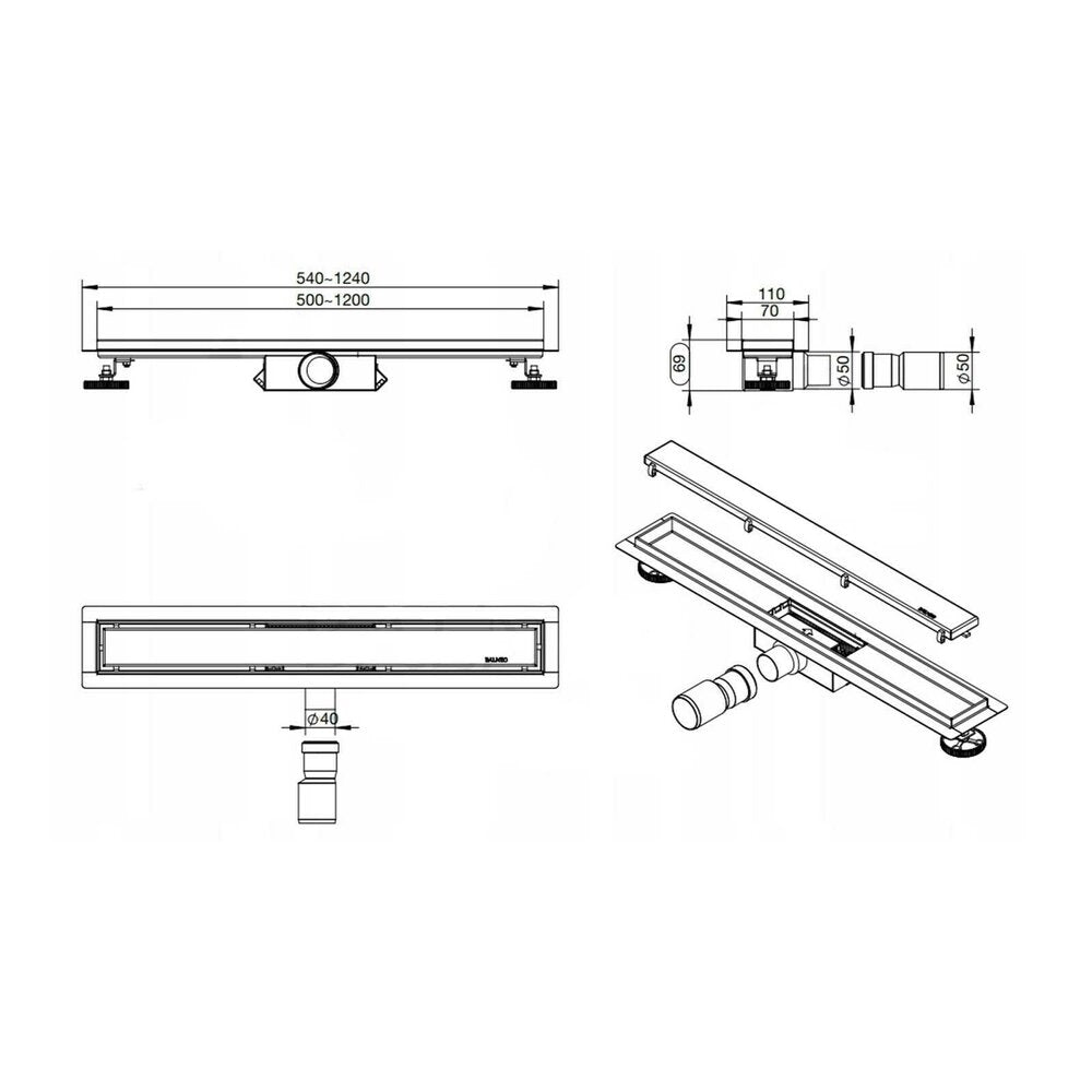 Duplex Next Black Linear Shower Drain Set with Cover 120 cm