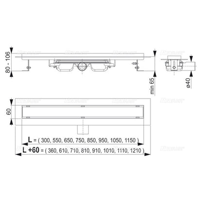 Shower Drain Set with White Glass Cover Alca Glass and APZ106 95 cm