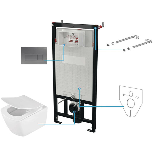 Deante Anemon Rimless Wall-Hung Toilet Set with Lid, Built-in Tank and Titan Flush Plate