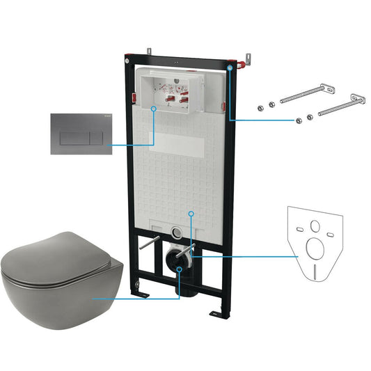 Deante Peonia Rimless Wall-Hung Toilet Set with Lid, Built-in Tank and Anthracite Flush Plate