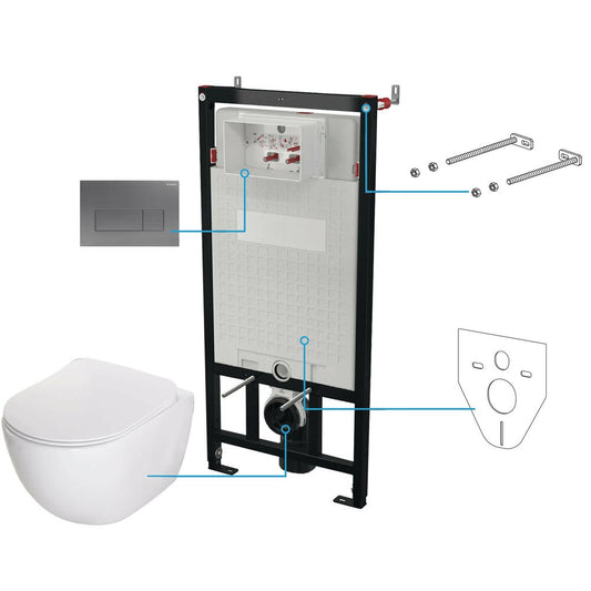 Deante Peonia Rimless Wall-Hung Toilet Set with Lid, Built-in Tank and Titan Flush Plate