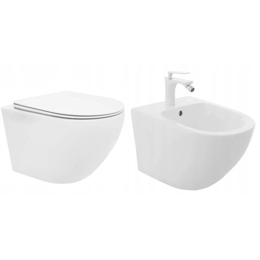Wall-Hung Toilet and Bidet Set Rea Carlo Mini Rimless with Soft-Close Seat