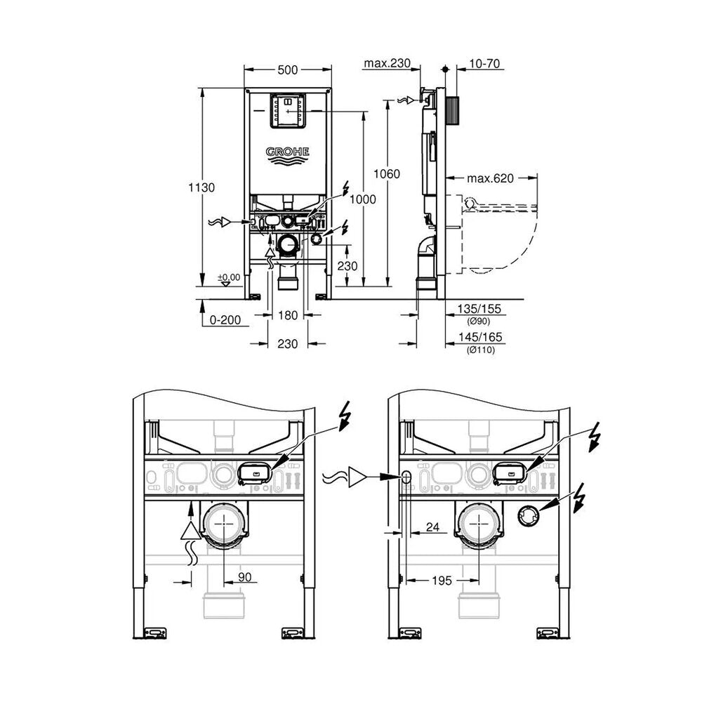 Комплект за окачено WC Grohe Sensia Rimless с електрическа биде функция, бял гланц, резервоар Rapid SLX и капак softclose